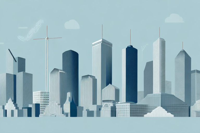 A bustling city skyline with a focus on houston's iconic landmarks